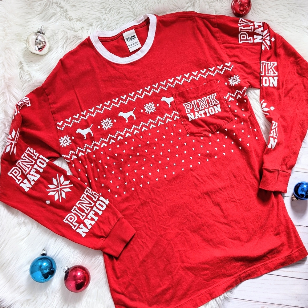 VS Pink Nation Christmas Shirt - Red with Pocket